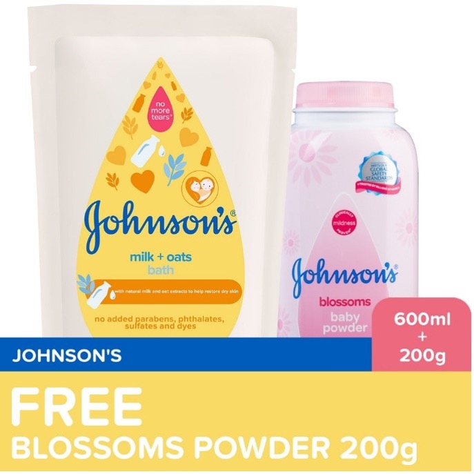 Johnson's Milk+Oats Bath 600ml Refill+ FREE Blossoms Powder 200g