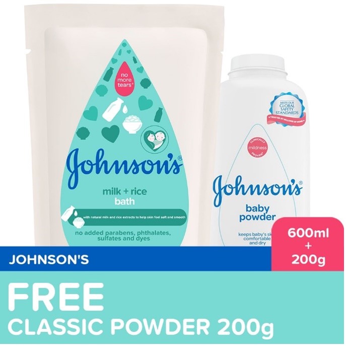 Johnson's Milk+Rice Bath 600ml Refill+ FREE Powder 200g